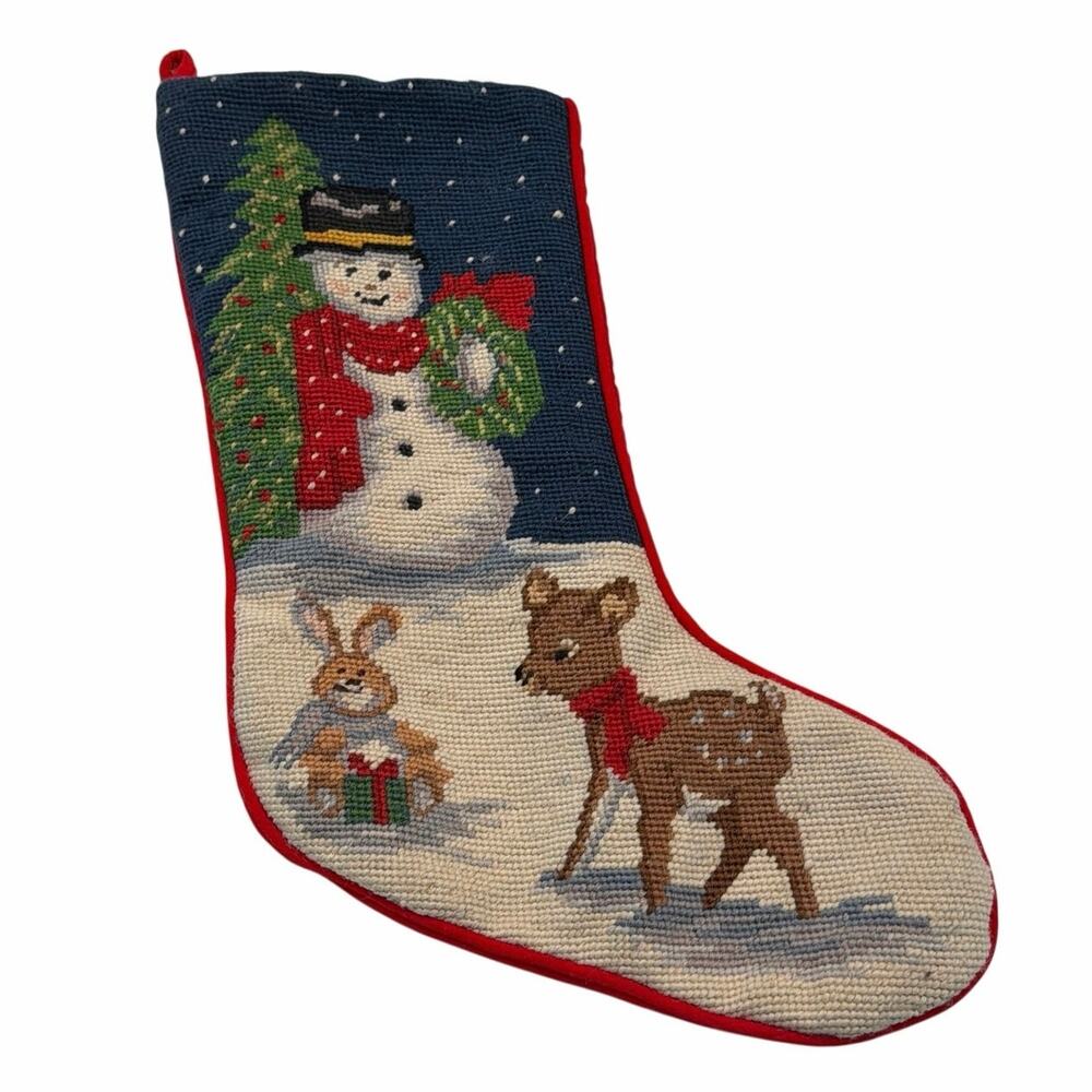 Vintage needlepoint Christmas stocking snowman deer rabbit